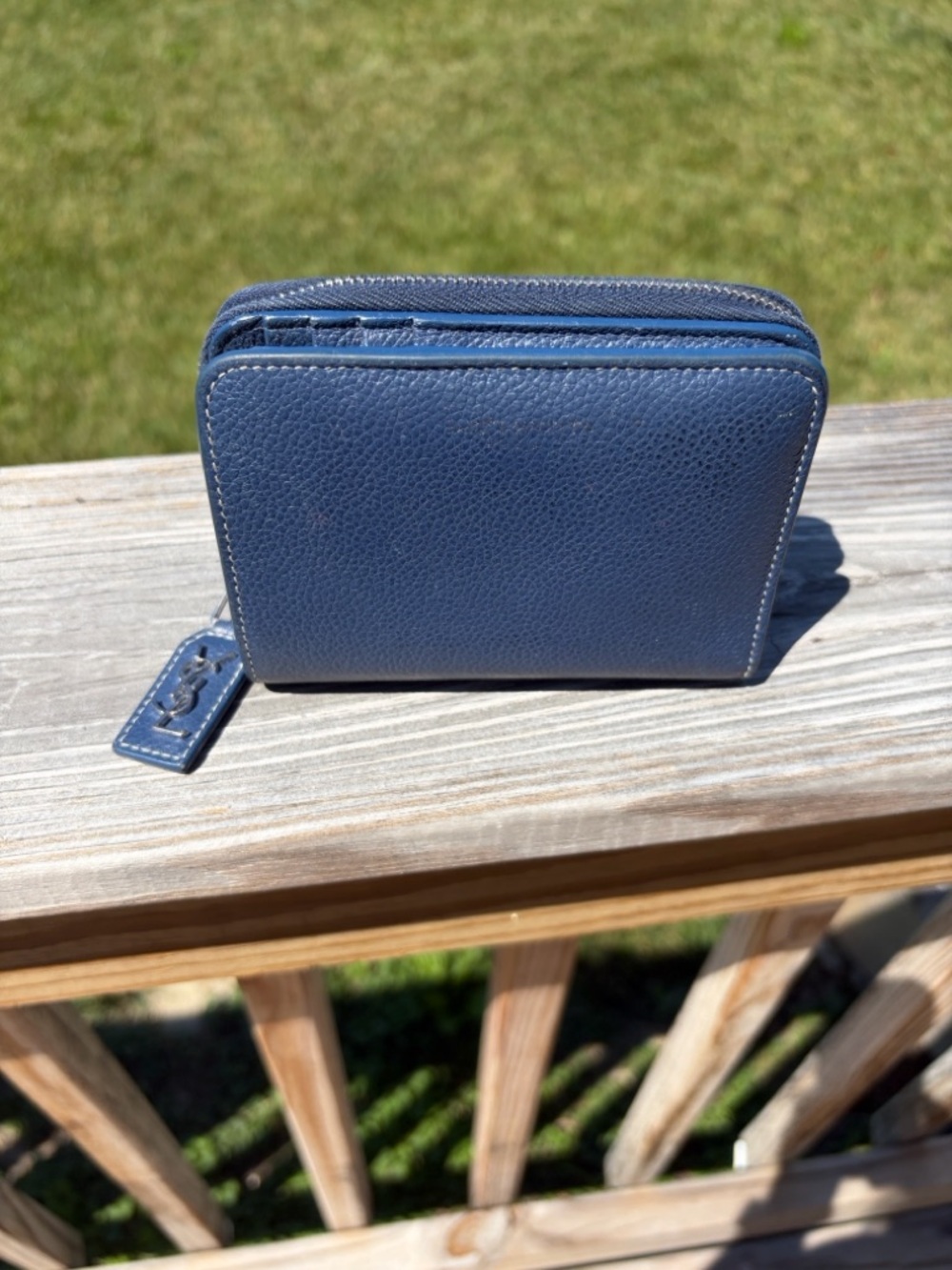 Yves Saint Laurent Navy Pebbled Leather Zip Wallet